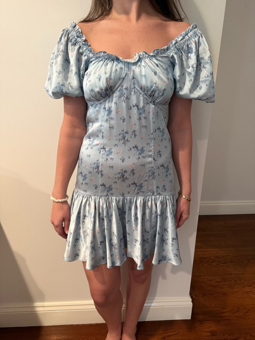 LoveShackFancy Light Blue Floral Off-Shoulder Puff-Sleeve Mini Dress